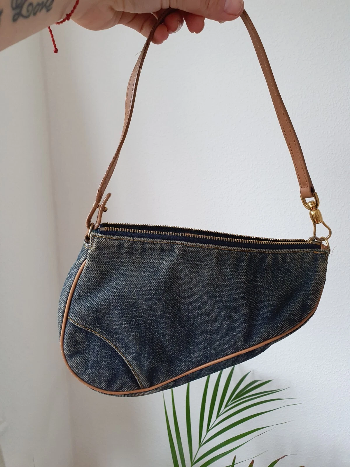 Sac de selle authentique Christian Dior pochette denim marine cuir