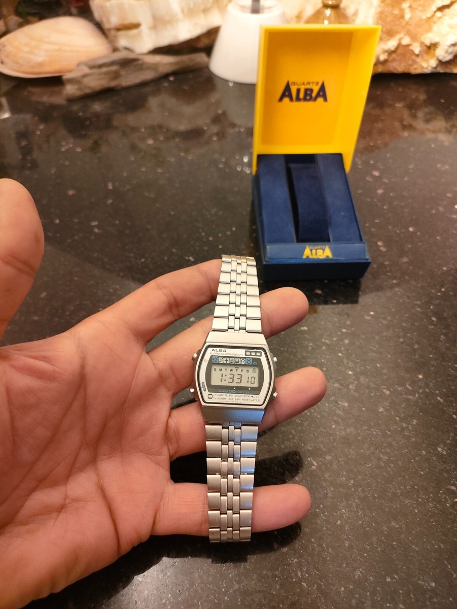 1980s Vintage Silver Blue Seiko Alba Digital Alarm Chronograph