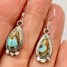 Navajo Natural Turquoise Dangle Earrings 1 3/16" Sterling Silver Native American
