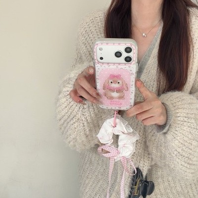 Floral Print Cute Rabbit Phone Case with Lanyard for iPhone 17ProMax/16/15/14/13