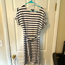 Chaps Black/White Striped Scoop Neck Short Sleeve T-Shirt Dress Belted M