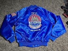 Vintage Amvets Jacket Mens L Blue Made in USA Satin Bomber Veterans