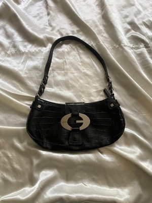 Vintage y2k Guess Black Patent Croc Leather Silver G Buckle