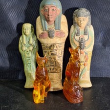 Juego de estatuas de Shabti de piedra egipcia + 2 estatuillas de gato Bastet - Decoración del Antiguo Egipto
