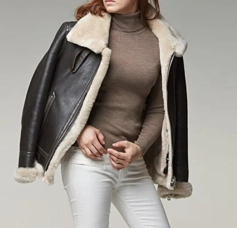 B3 Bomber Aviator Women Shearling Coat Sheepskin Real Leather Jacket for Women