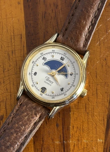 Vintage Timex Watch Women Moon Phase Gold Tone White Dial Date 24mm New Battery