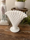 Vintage Fenton White Milk Glass Hobnail Fan Vase 6" Ruffled Pedestal