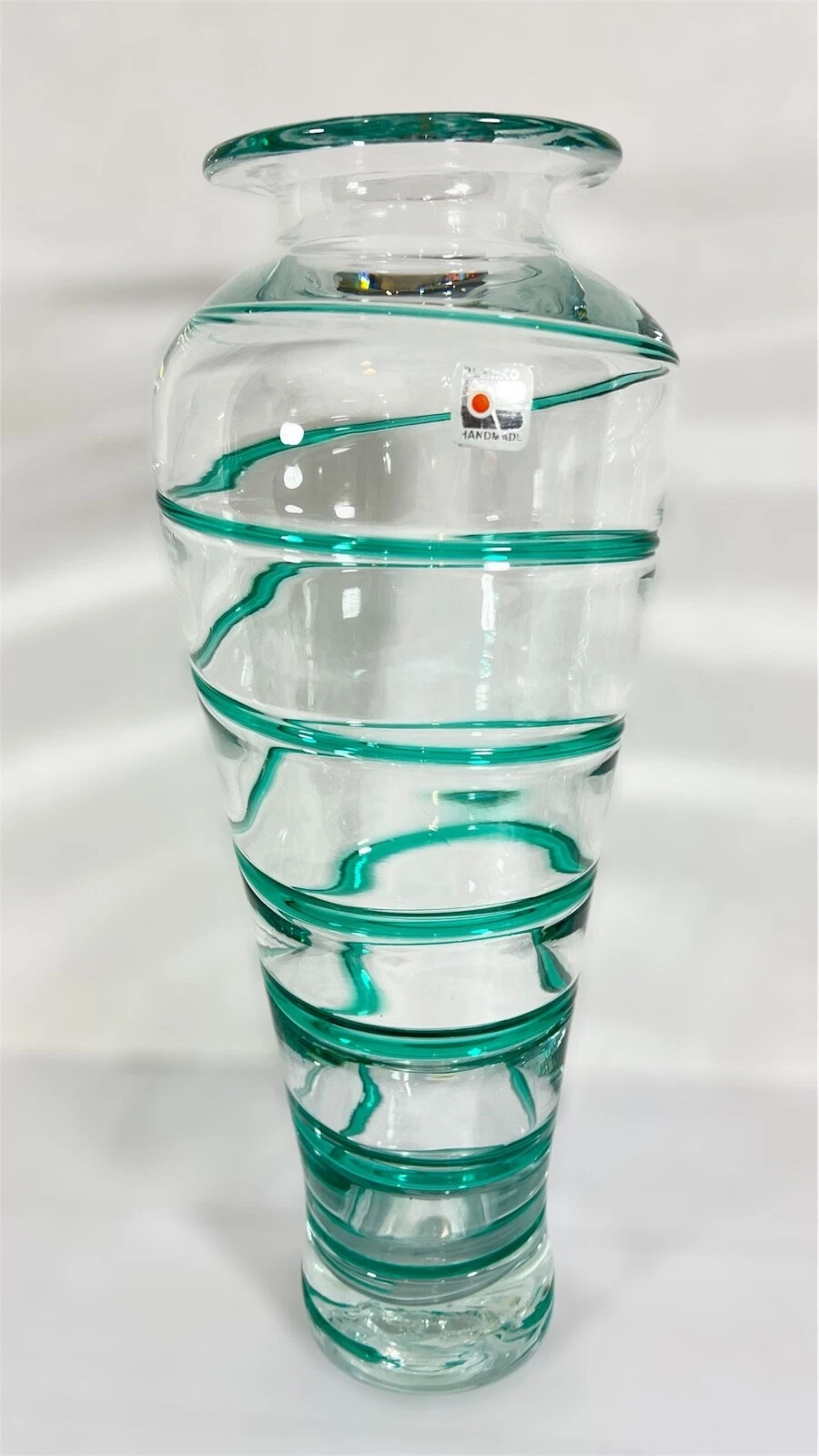 Blenko Art Glass Vase Hand Made Clear Glass With Turquoise Spiral 15 1 4” tall