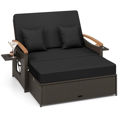 Patio Rattan Daybed Set w/Cushioned Loveseat & Storage Ottoman for Porch Black