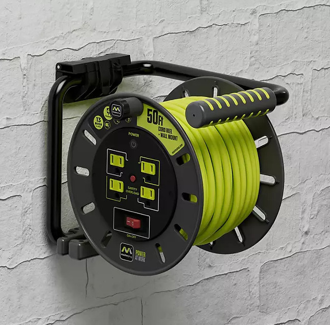 Masterplug 50ft Extension Cord Reel with 4 Sockets & Wall Mount - 13A Power