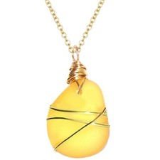 USA  gold wire-wrap YELLOW sea glass freeform Artisan non-tarnish Necklace gift