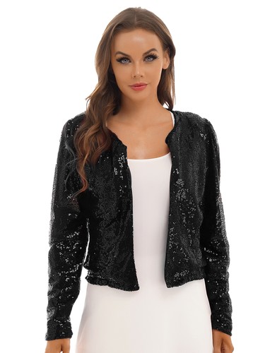 Womens Glitter Sequin Open Front Long Sleeve Cardigan Jacket Cropped Bomber - Picture 16 of 105