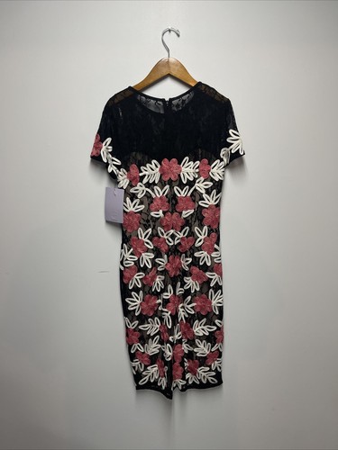 JS COLLECTIONS CREW NECK SHORT SLEEVE BODYCON ZIPPER BACK FLORAL LACE DRESS SZ10 - Picture 5 of 11