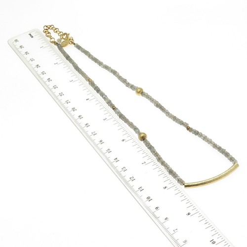 925 Sterling Silver Gold Plated Real Labradorite Beaded Bar Necklace 16-18" - Picture 3 of 9