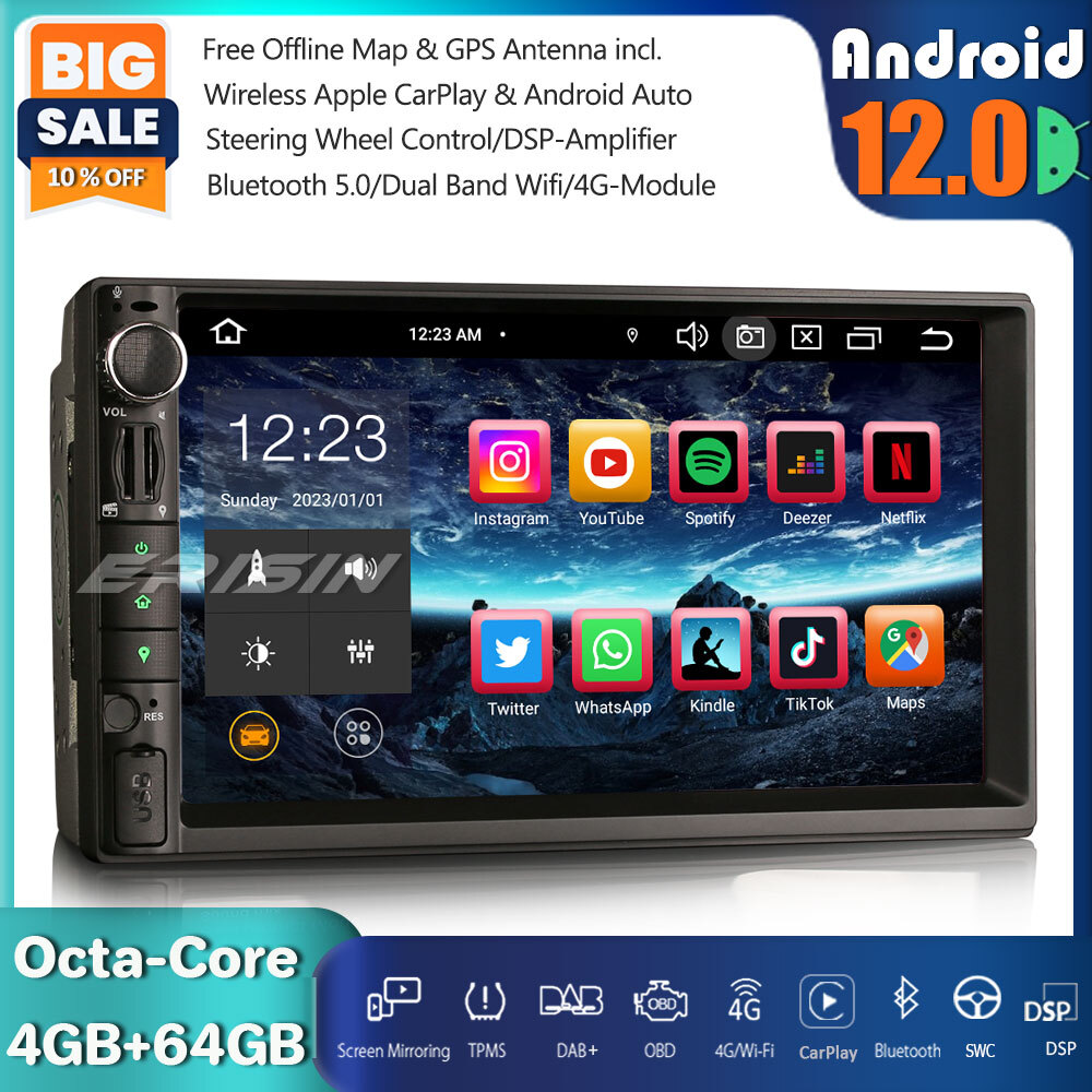 Universal 64GB Android 12.0 Car Stereo Sat Nav CarPlay BT5.0 Wifi 4G USB SWC DSP
