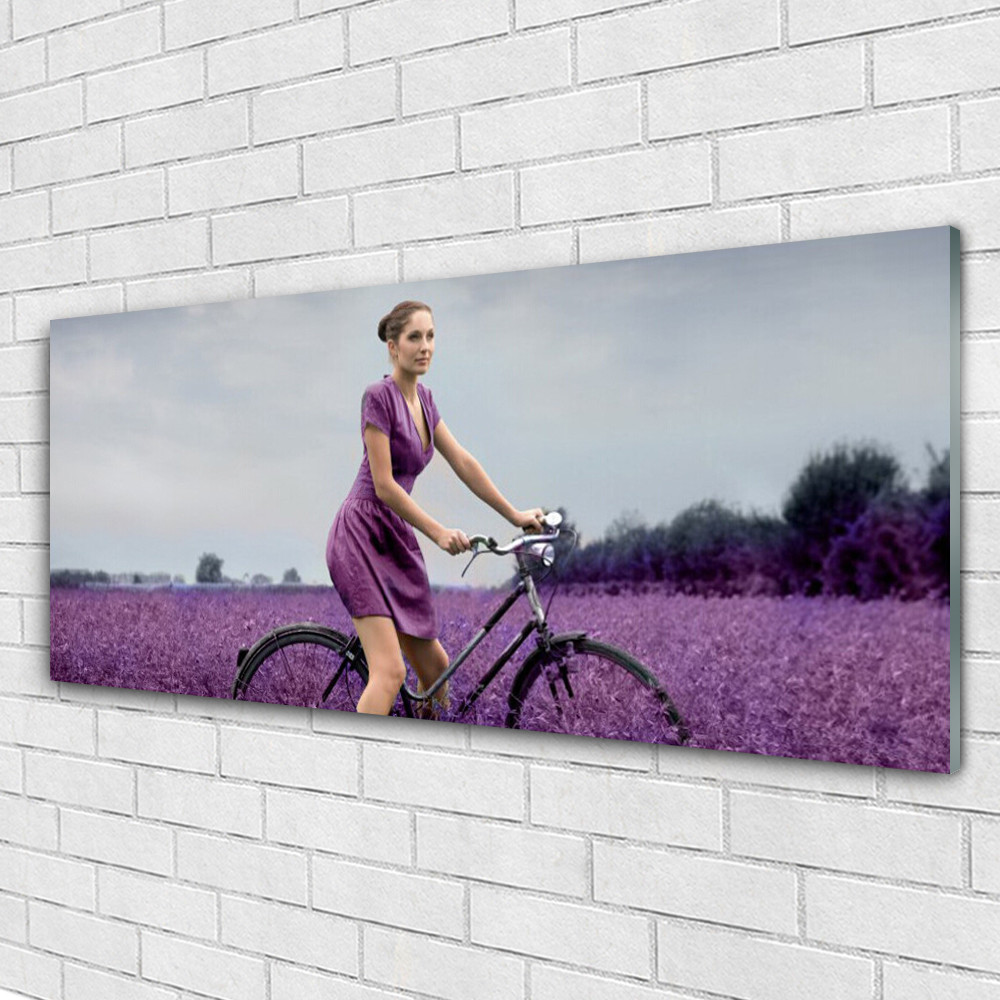 Tableaux sur verre d'art 125x50 cm édition prestige femme au vélo