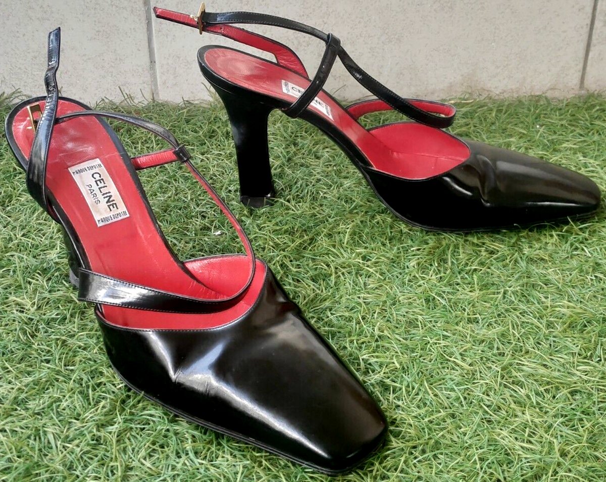 Vintage CELINE Black Slingback Heels Leather Sole Size EU 38.5 US