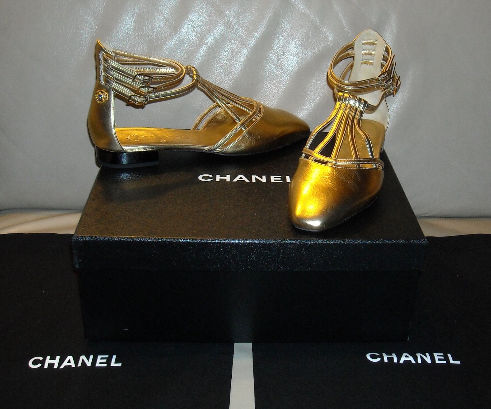 NIB Women's Authentic Chanel Laminated Lambskin Other Open Shoes  Size 36 Gold