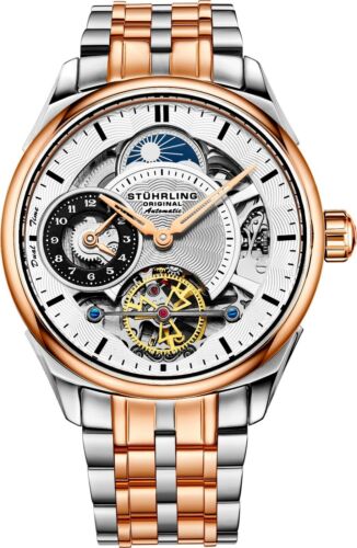 Stuhrling Men's Skeleton Rose Case Silver Dial Rose & Silver Bracelet Watch - Afbeelding 1 van 2