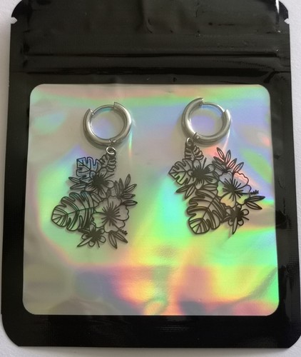 Pendientes boho punk tropicales florales negros de acero inoxidable plateados para mujer - Imagen 7 de 7