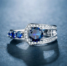 Blue Sapphire  White Cubic Zirconia 1.45 CT Women's 925 Silver Engagement Ring