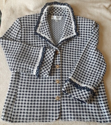 Vtg St John by Marie Gray 14 Suite 2 Piece Navy Pants Knit Button Check Cardigan - Picture 22 of 24