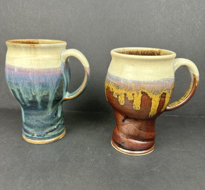 2 Hand Thrown Drip Glaze Studio Art Pottery Mug Signed Globe Top Tall Brown Blue