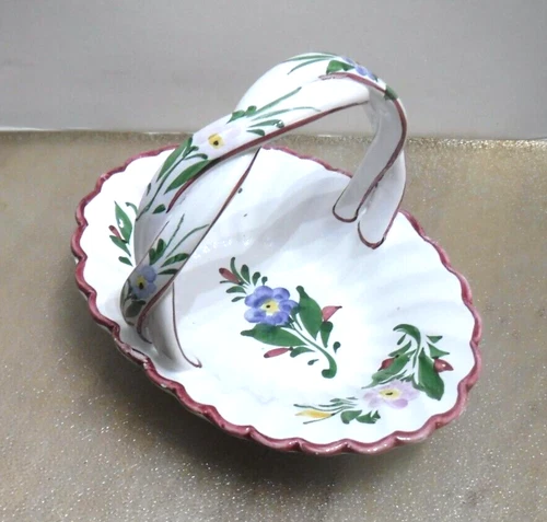 VTG RCCL Ceramic Basket Made in Portugal Hand Painted Floral Twisted Handle