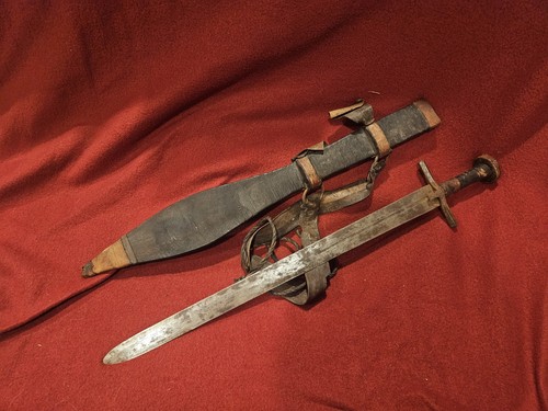 Antique Kaskara Short Sword with Inscribed Blade and Stamped Sheath Very Old