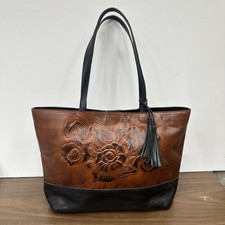 Patricia Nash Rose Tooled Tan Leather Paris Tote Two Toned Shoulder BEAUTIFUL!!