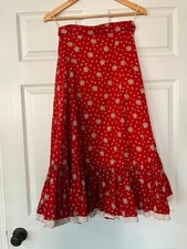 70's Vintage Red White Calico Prairie Peasant Boho Midi Skirt FLAWS