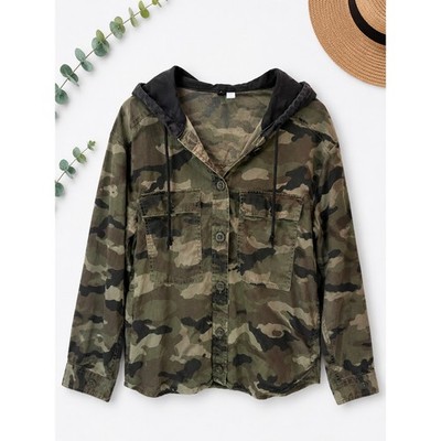 H&M Divided Camo Hooded Shacket Womens Medium Green Camouflage Utility Jacket