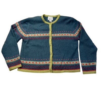 VTG Christopher and Banks Fair Isle Cardigan L Wool Blend Hand Embroid Sweater