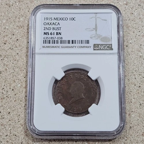 1915 10C Mexico 10 Centavos Oxaca 2nd Bust Coin NGC Slabbed & Graded At MS 61 BN