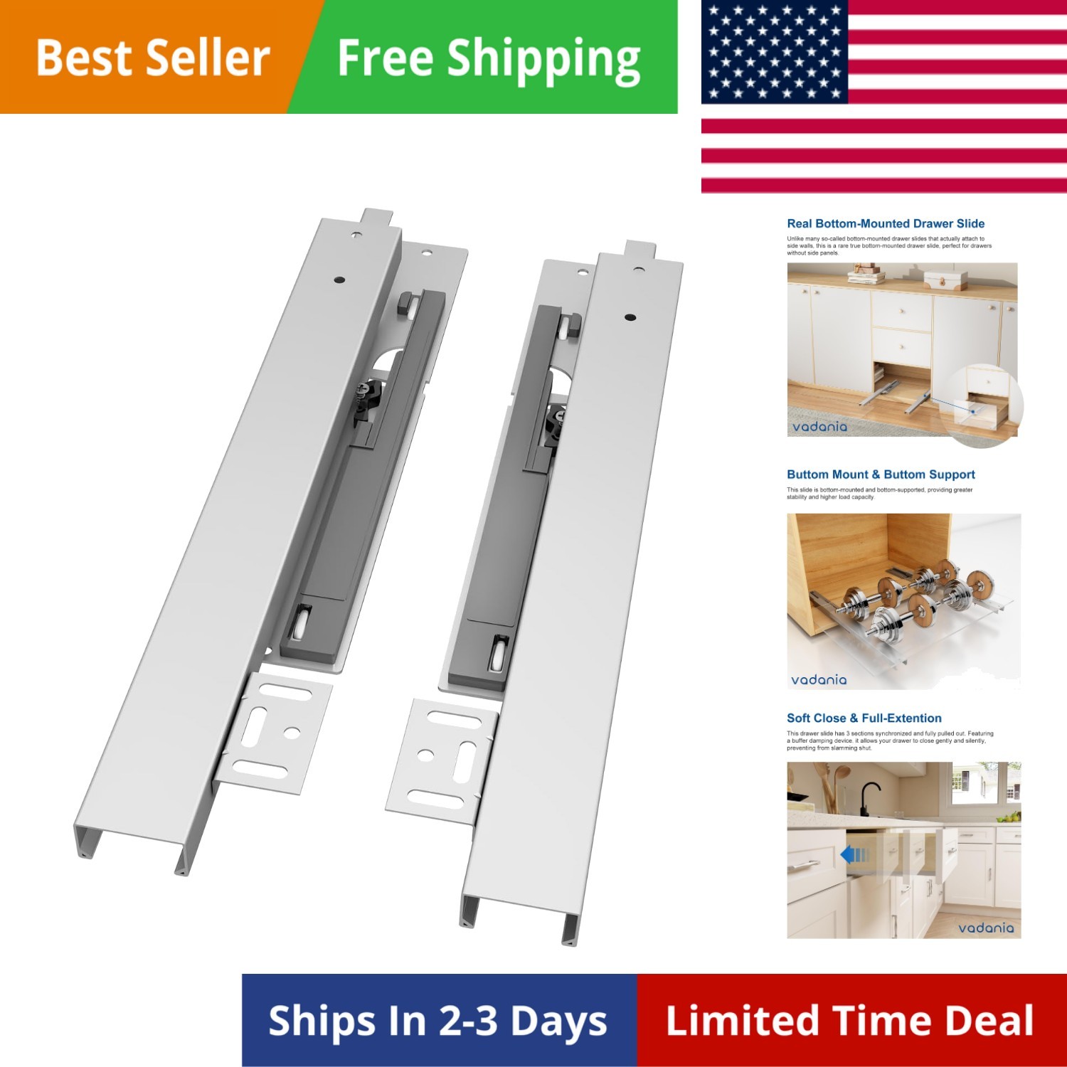 16" Undermount Drawer Slide, Soft Close, Bottom Mounted & Bottom Support, 88 ...
