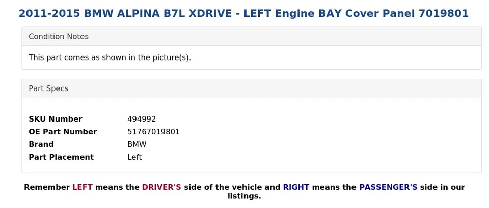 BMW ALPINA B7L XDRIVE 2011-2015 - Panel de cubierta de bahía del motor izquierdo 7019801 Foto 3 de 4