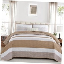 Striped Size Quilt Set,Boho Neutral Bedding Set Lightweight Beige King Taupe