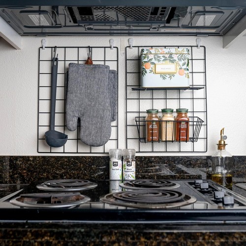 4-Pack Wire Wall Grid Panel Set with Baskets, Hooks & Shelves - Stylish Decor - Picture 8 of 9