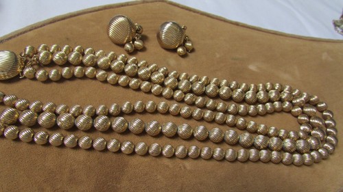 sarah coventry necklace 3 strand with Earrings Goldtone
