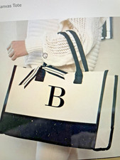 MudPie Black and Tan Initial Canvas Tote- "B"- New with Tags- 17" x 7.5" X 11.5"