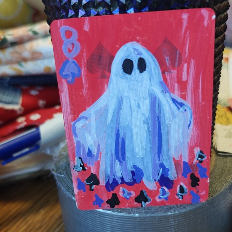 ACEO by Emily Meinert ghost painting on 8 of spades playing card  halloween 