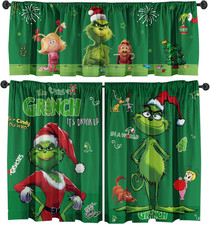 Christmas Curtain Valance Set - Green Funky Whimsical Holiday Scene with Puppies
