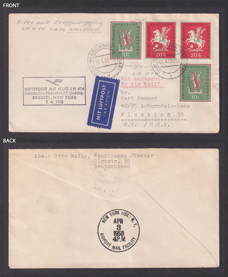 Germany 1958 Air Mail Cover LH414 to New York USA Fairy Tales FDC - Image 3 of 3