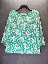 Talbots Womens  Green & White Paisley Floral Print 3/4 Sleeve Tee Size L
