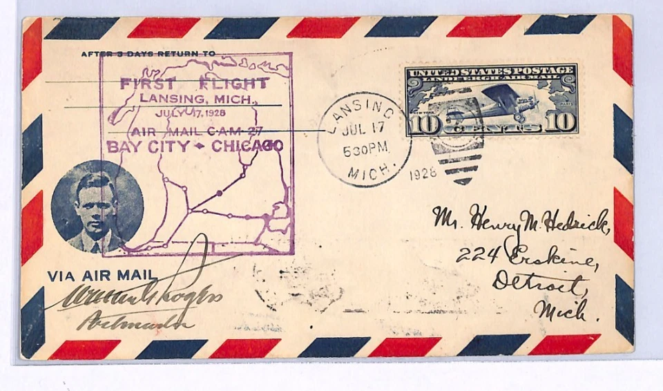 USA Air Mail *Signed* Cover LINDGERGH 1928 FIRST FLIGHT Chicago-Bay City XF97 - Image 2 of 4