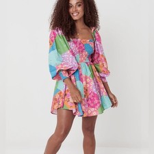Spell Freda Lolly Floral Smocked Mini Dress Puff Sleeve Organic Cotton Sz 12