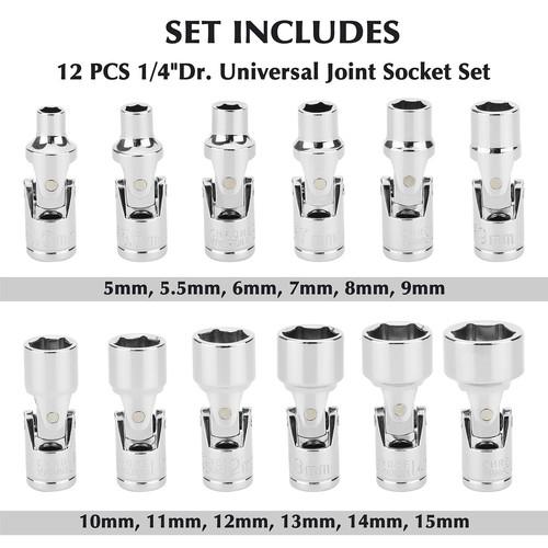 12PCS 1/4" Drive Universal Joint Socket Set, 6 Point, Metric Universal Flex S... - Picture 2 of 6