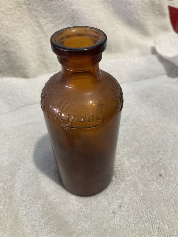Vintage Amber Brown Glass Lysol Bottle, Script Cursive USA 6"