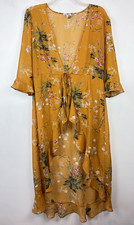 Kimono Long Duster Women XL Robe Tie Boho Yellow Floral Sheer Romantic Gypsy