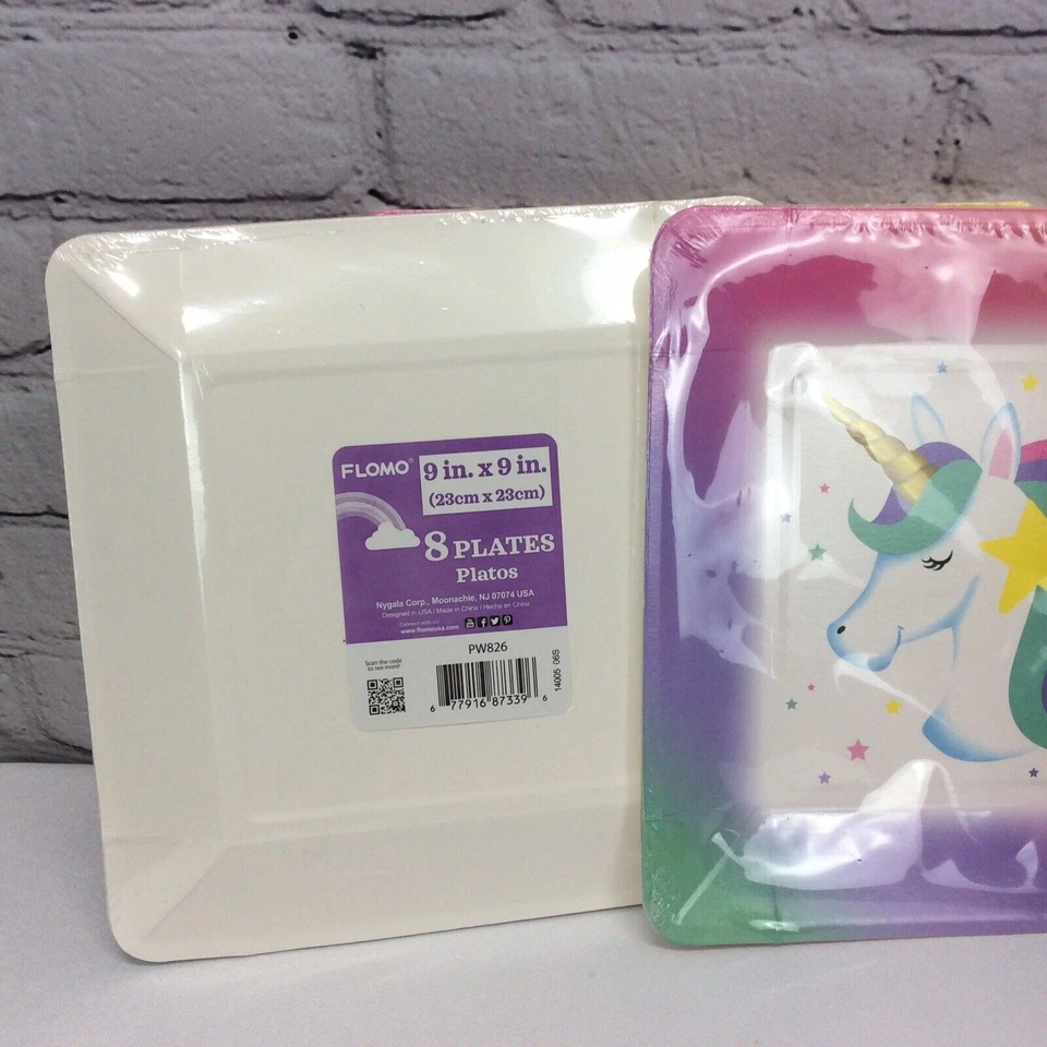 Platos de fiesta de cumpleaños de unicornio arco iris (3 paquetes) y accesorios para cabina de fotos papel brillante Foto 3 de 4